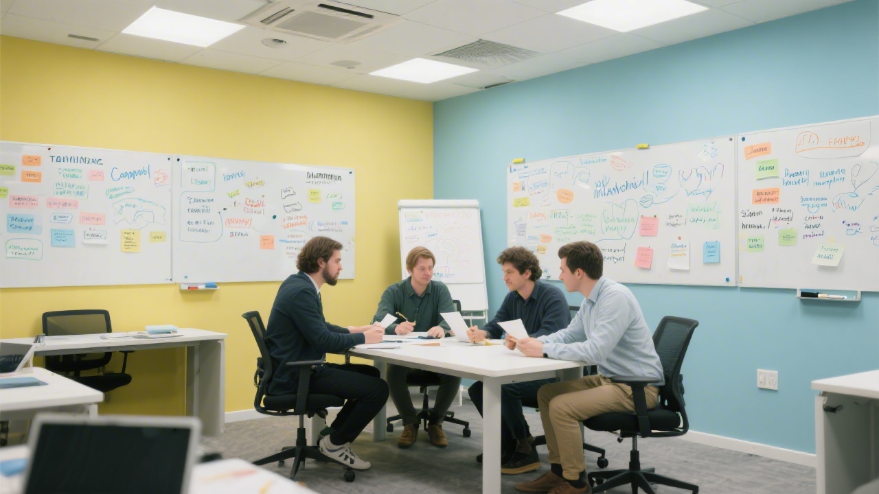 Bright training space with a small group of tech marketers sharing notes, whiteboards filled with campaign ideas, and an atmosphere of focused collaboration.