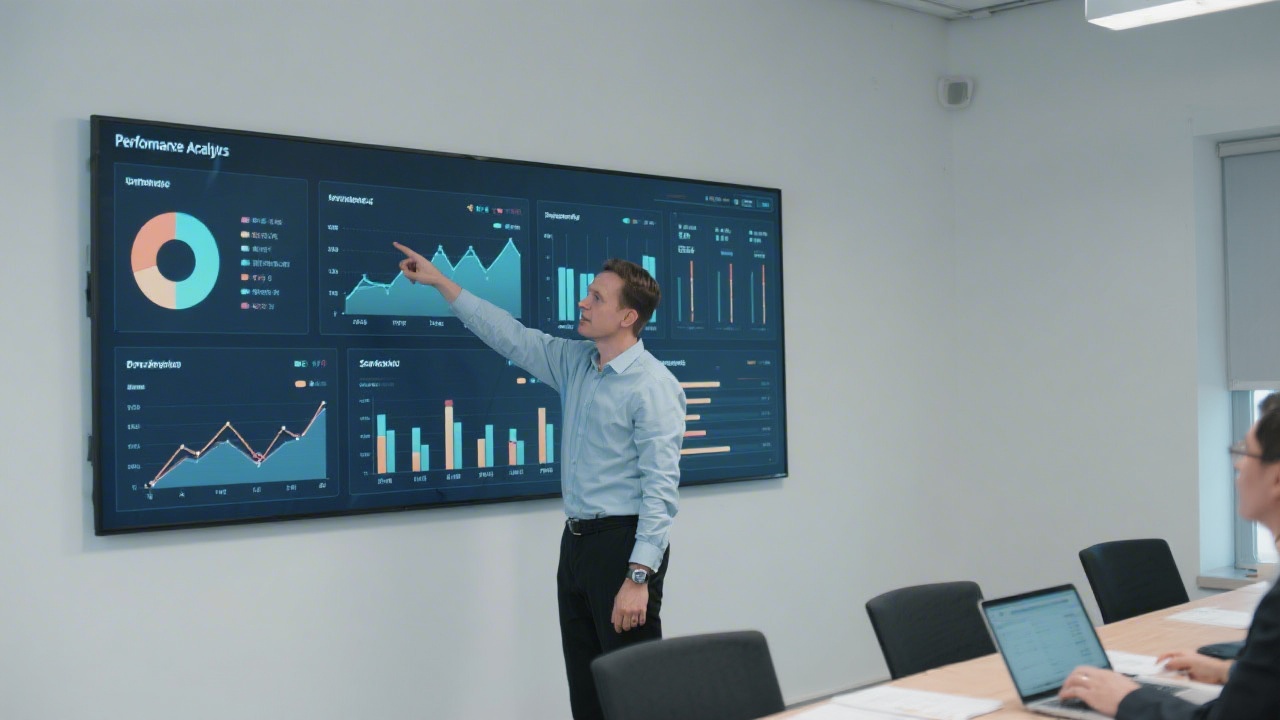 Wall display of performance analytics dashboards with clean charts, a marketer pointing to trends, and a calm professional training environment.