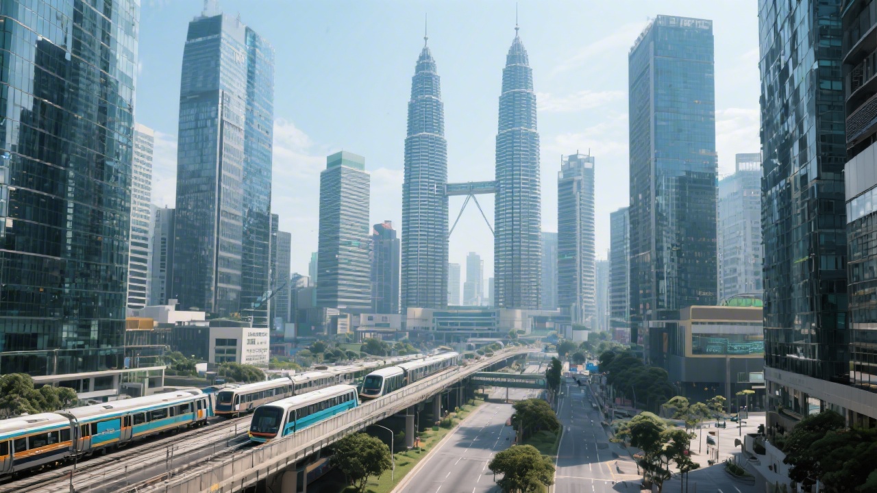View of modern Kuala Lumpur business district with high-rise buildings, visible transit infrastructure, and a focus on clean urban technology hub aesthetics.
