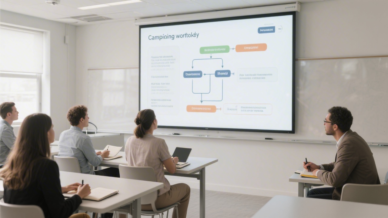 Minimal classroom with large display screens showing a campaign workflow diagram, participants sitting with notebooks, and neutral modern interior design.