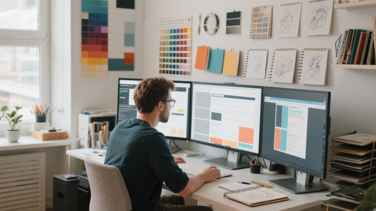 Creative design studio with designers assembling modular website layouts on large monitors, color swatches on a wall, and organized sketchbooks.