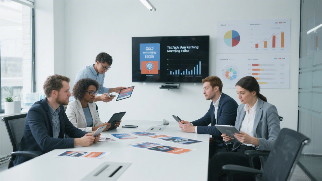 Collaborative working session with a tech marketing team reviewing ad mockups on tablets, performance charts on a wall screen, and a clear modern workspace.