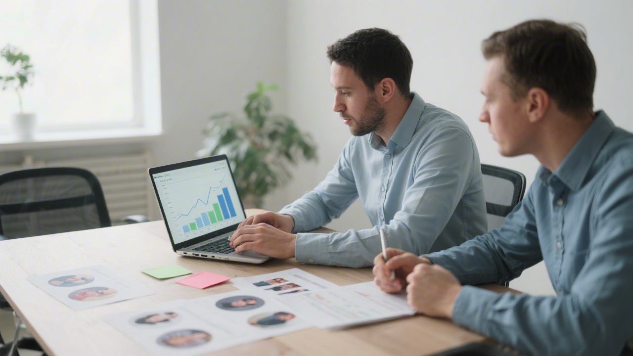 Strategic planning session with two marketers reviewing performance charts on a laptop, printed audience profiles on the table, and calm focused working environment.